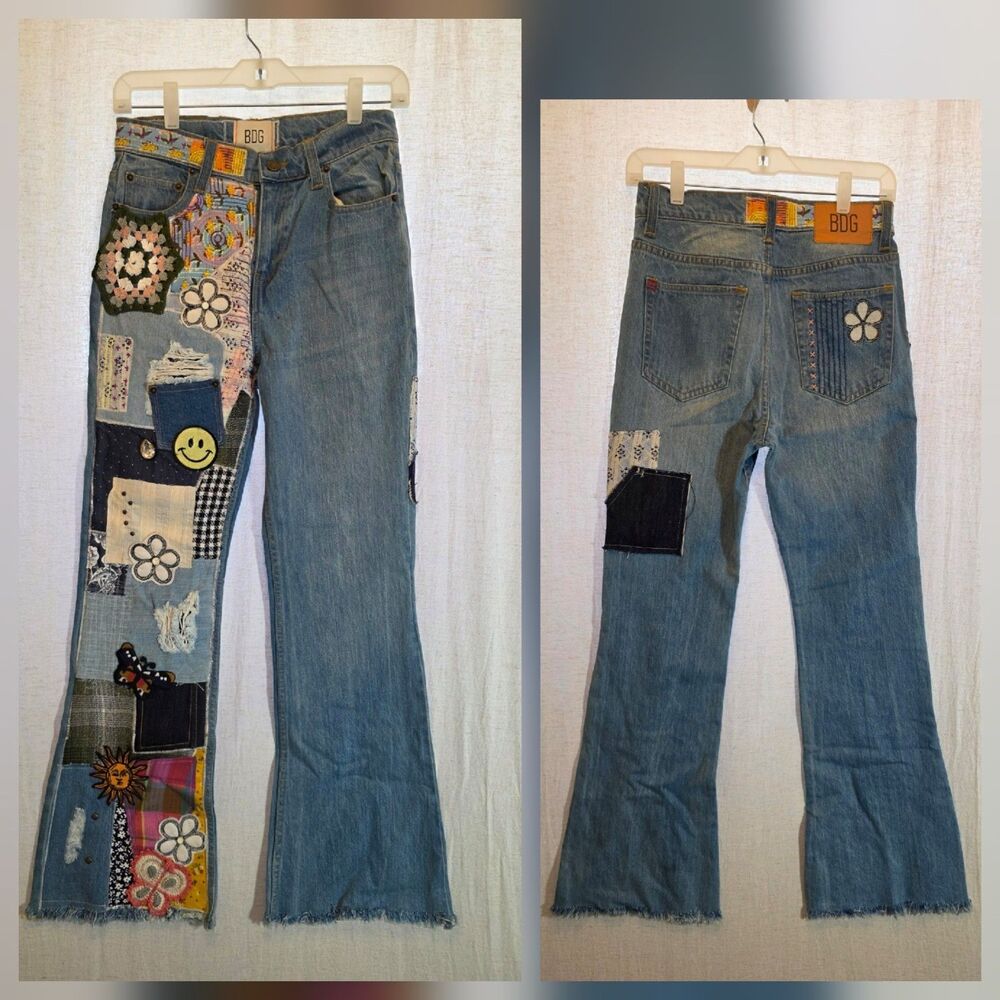 BDG Urban Outfitters Hippie Embroidered Patchwork Flare Raw High Waist Jeans 26